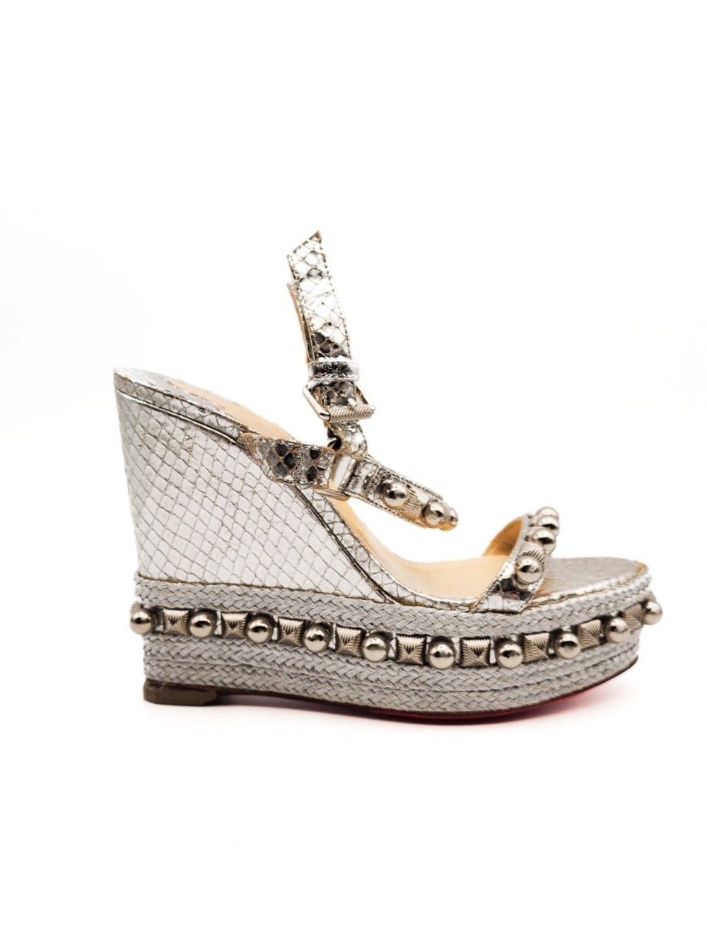 Christian Louboutin Metallic Silver Studded Espadrille Platform Sandals EU 36